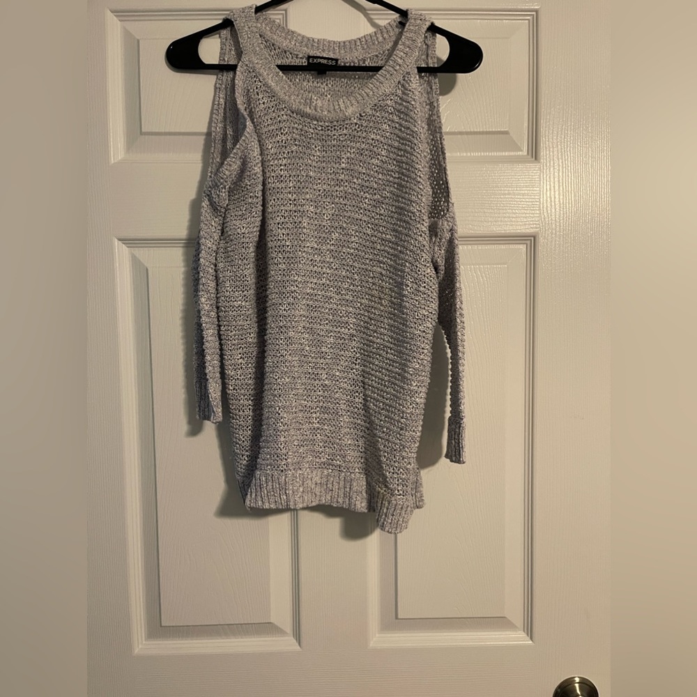 Express light blue and white cable knit cold shoulder sweater, size medium.